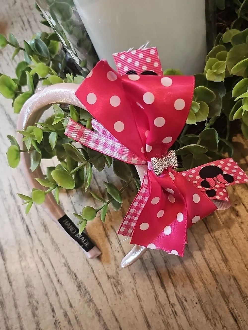 Pink Polka Dot Bow Headband with Rhinestone Accent Girls